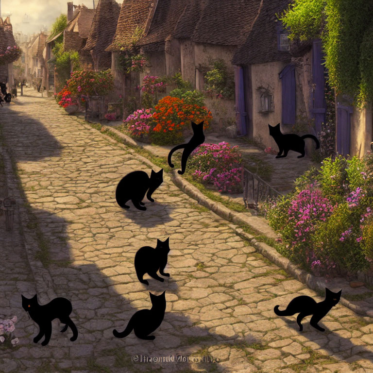 Illustration of cobblestone street with quaint houses, colorful flowers, and six silhouetted