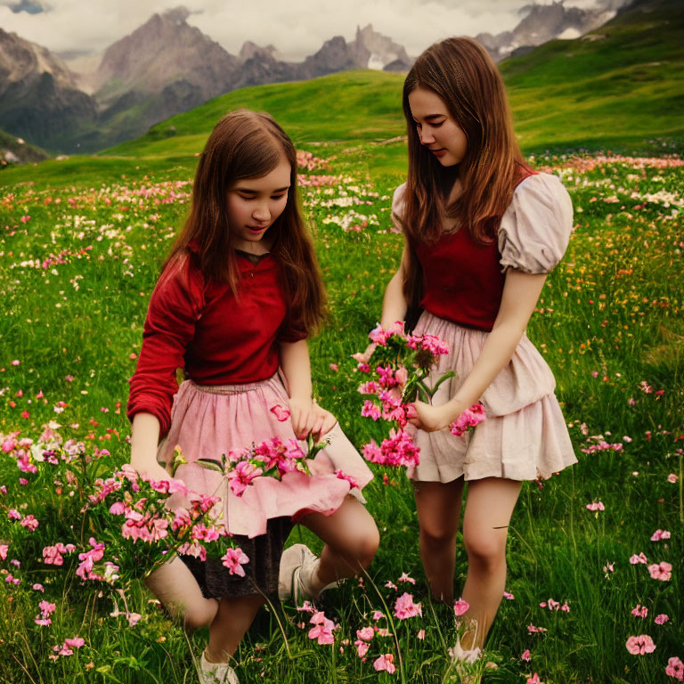 Two girls picking flowers in lush meadow with mountains.