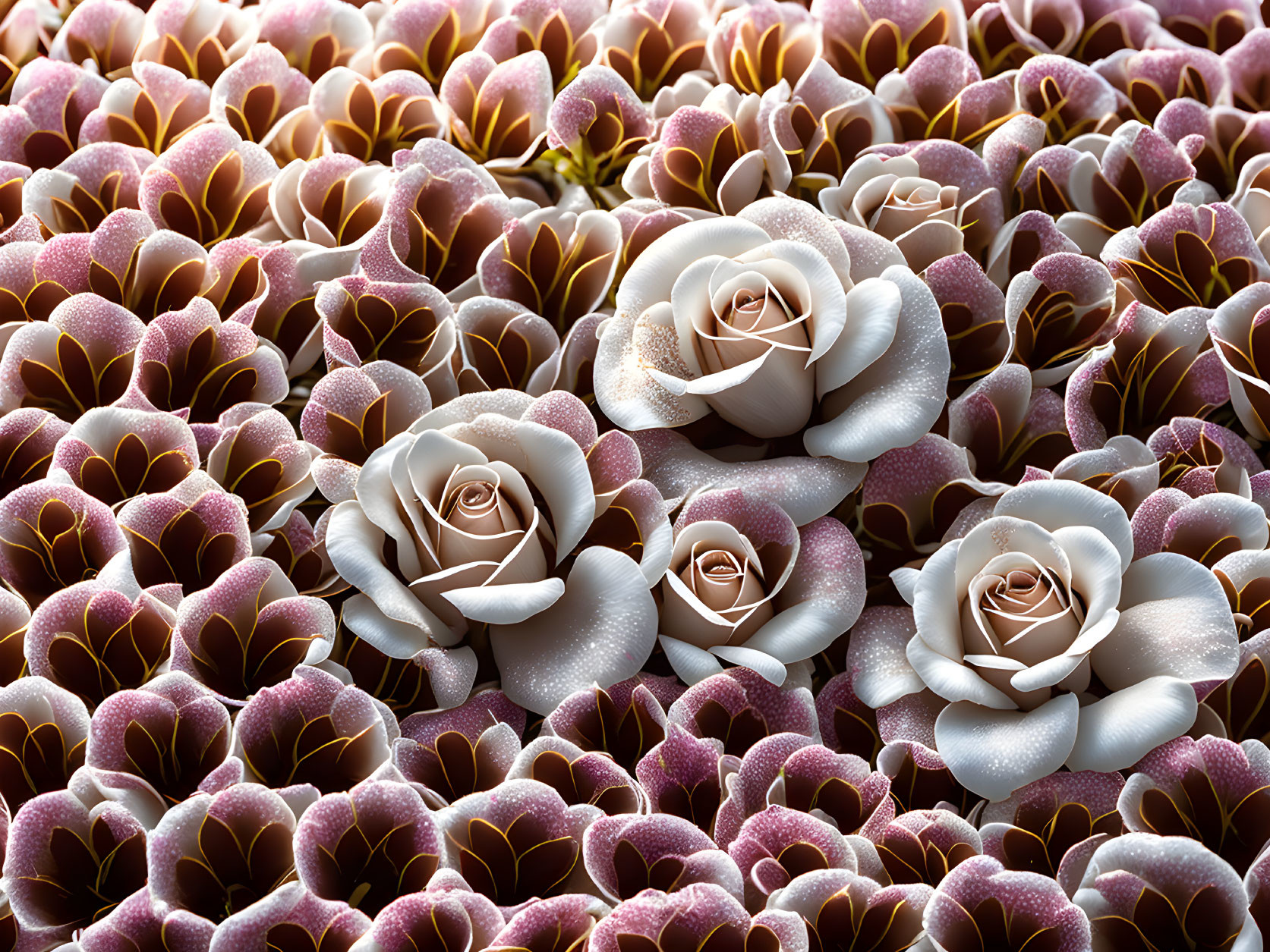 Close-up Cluster of Pink-Edged Roses with Dewdrops