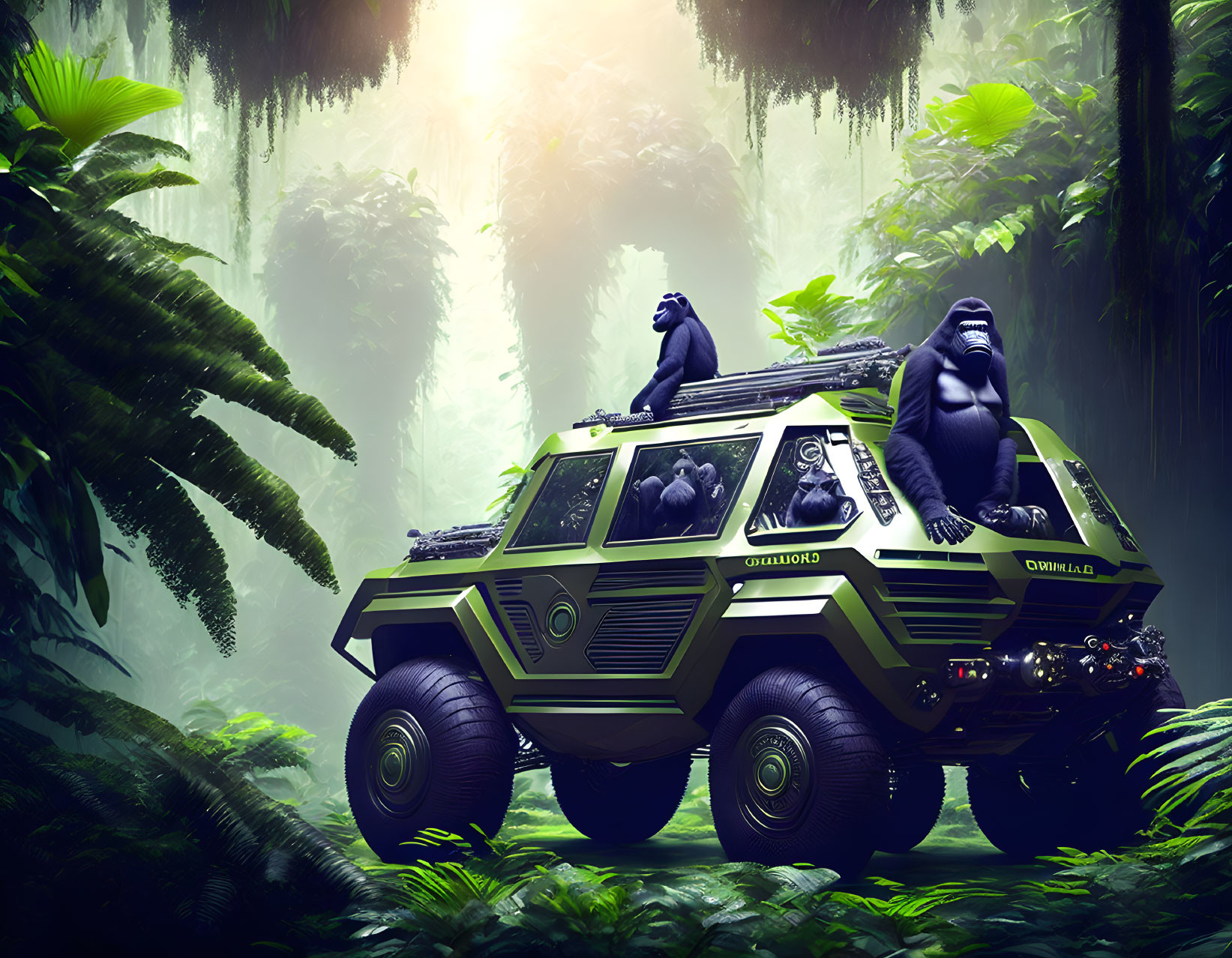 Futuristic six-wheeled vehicle with gorillas in lush jungle