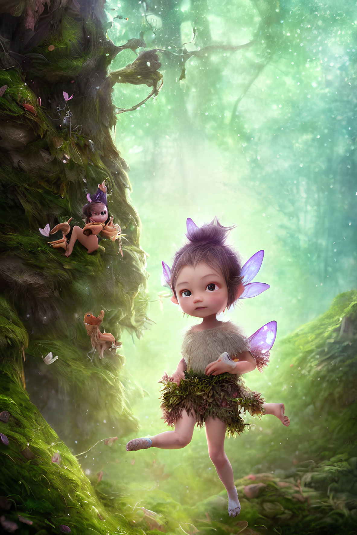 Illustration: Three fairies with translucent wings in enchanted forest.