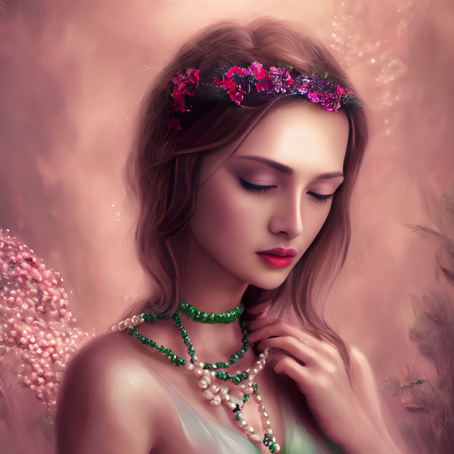 Woman with floral headband and pearl necklace on pink floral backdrop