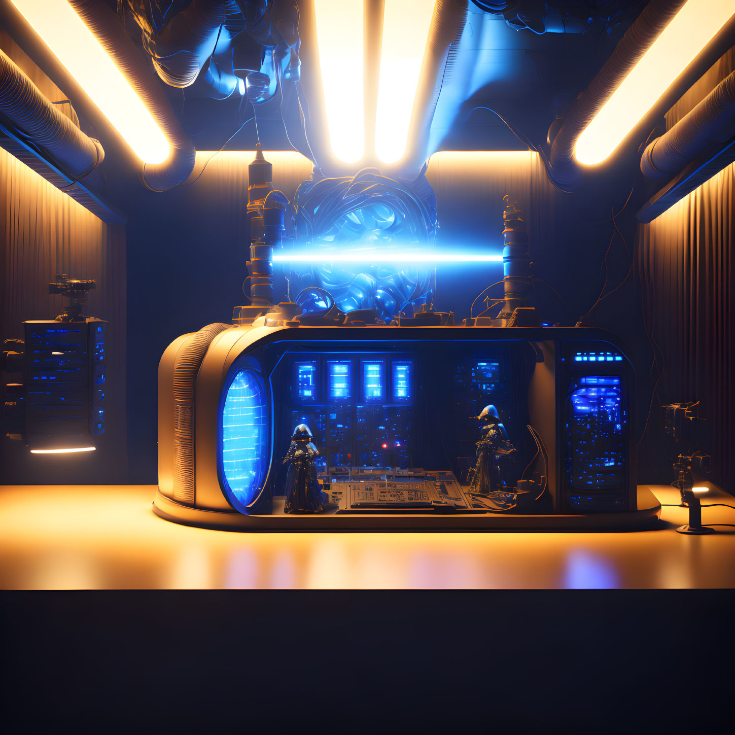 Futuristic laboratory with glowing energy core and humanoid figures.