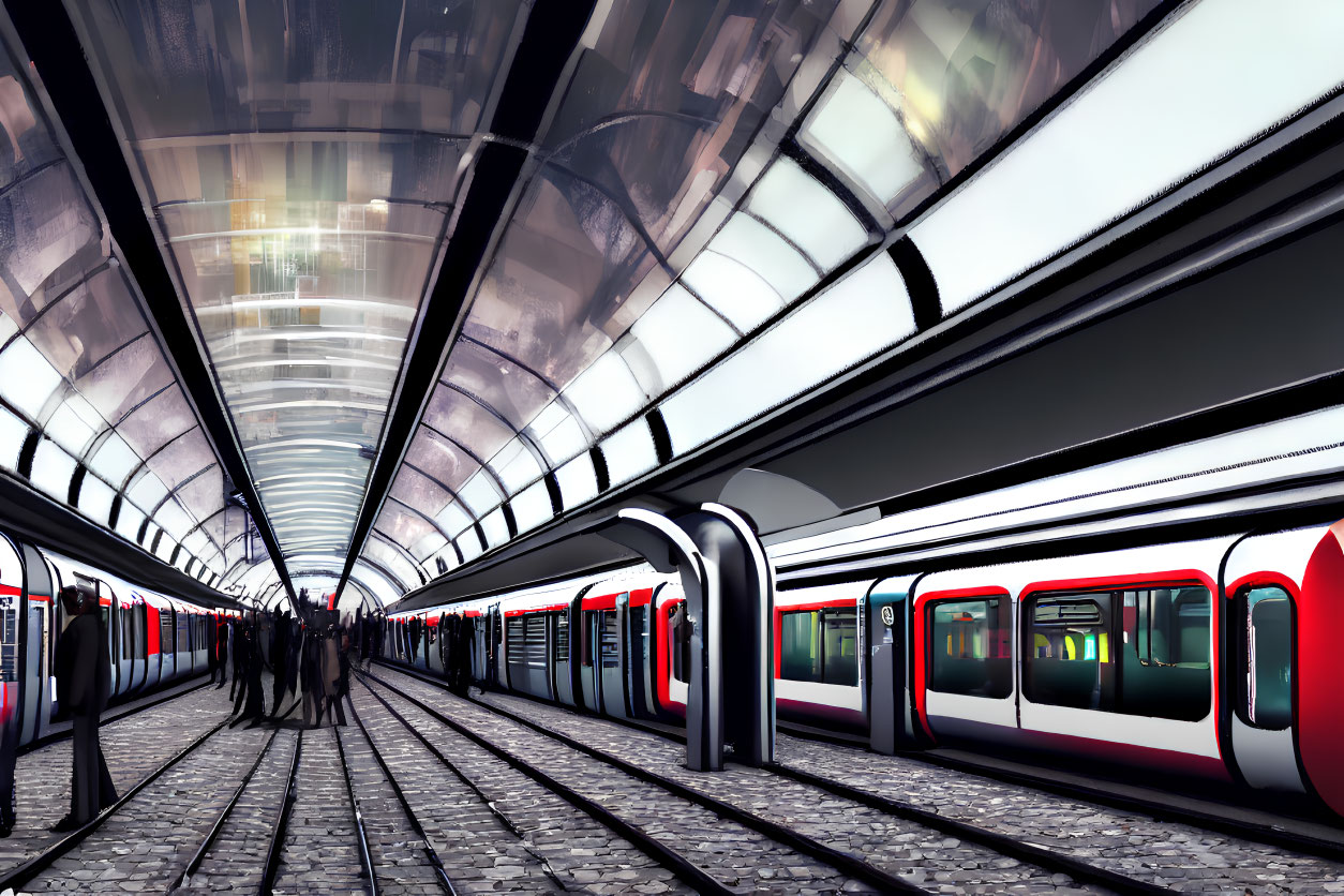 Sleek futuristic subway station with curved glass walls and waiting silhouettes