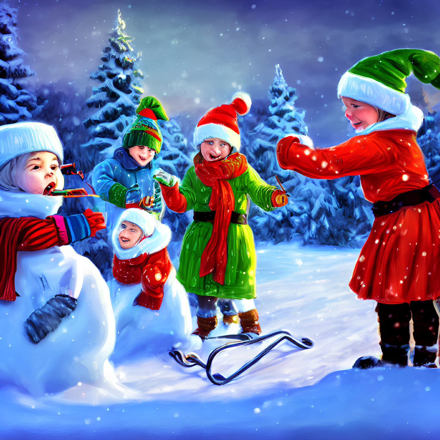 Kids playing in snowy landscape with snowman, Santa hats, sled, and twilight sky