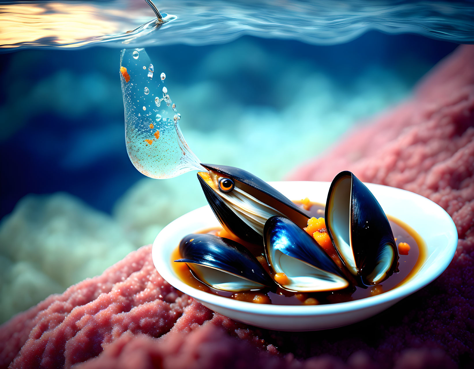 Illustration of shiny mussels on plate with peas in surreal underwater scene