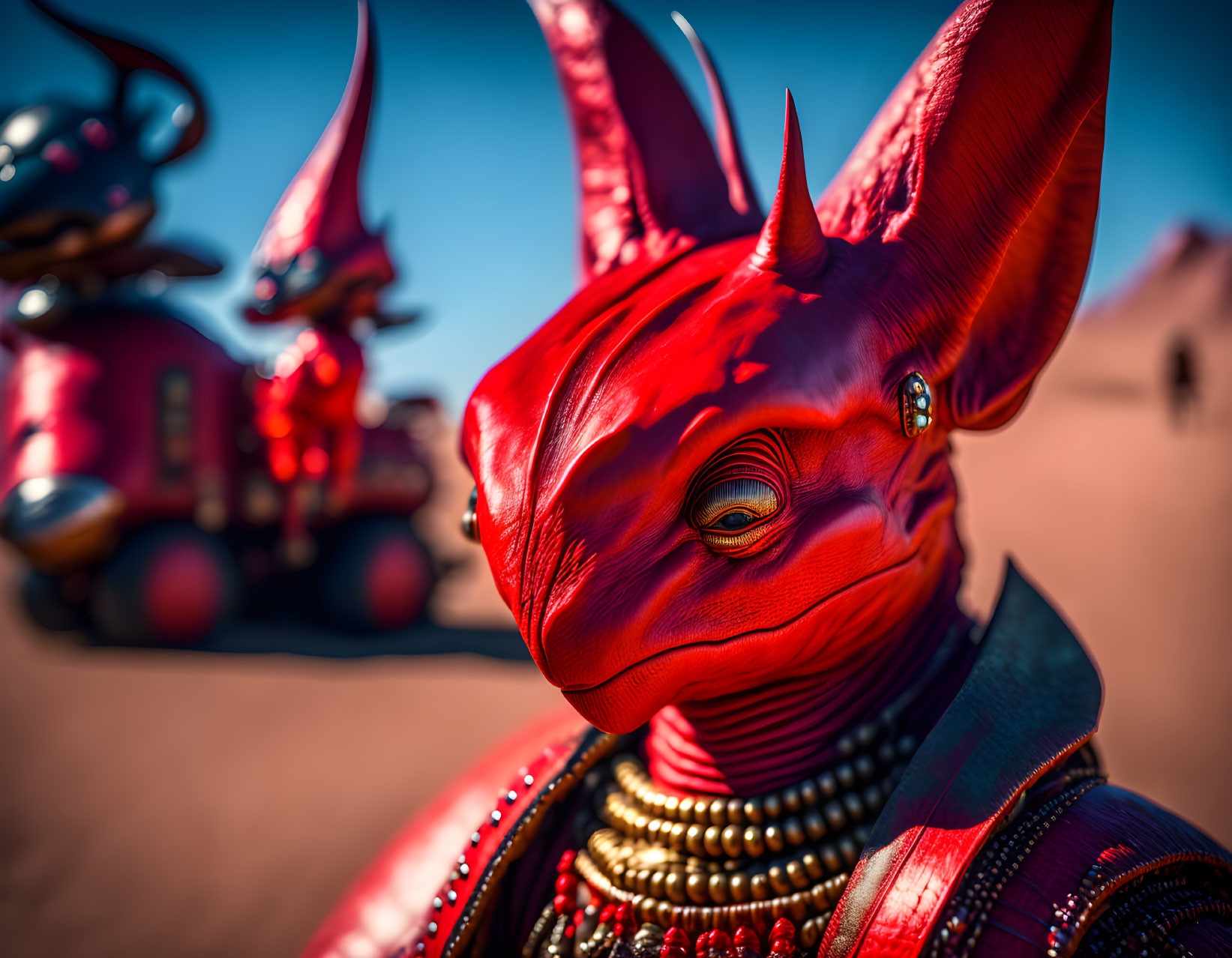 Vivid Red Alien Creature with Horns and Large Eyes in Desert Scene