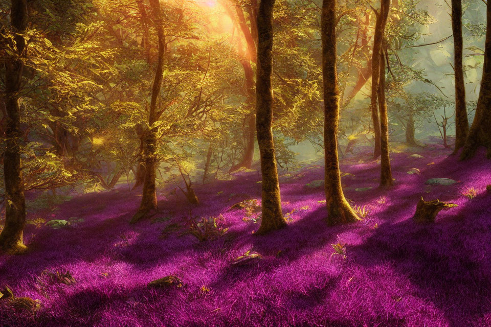 Sunlit mystical forest with vibrant purple flora carpet