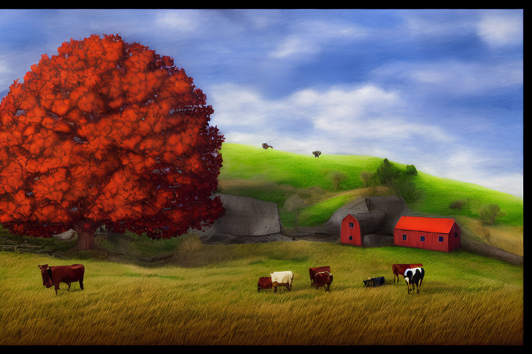 Colorful rural landscape with red tree, cows, barn, and sheep in the distance