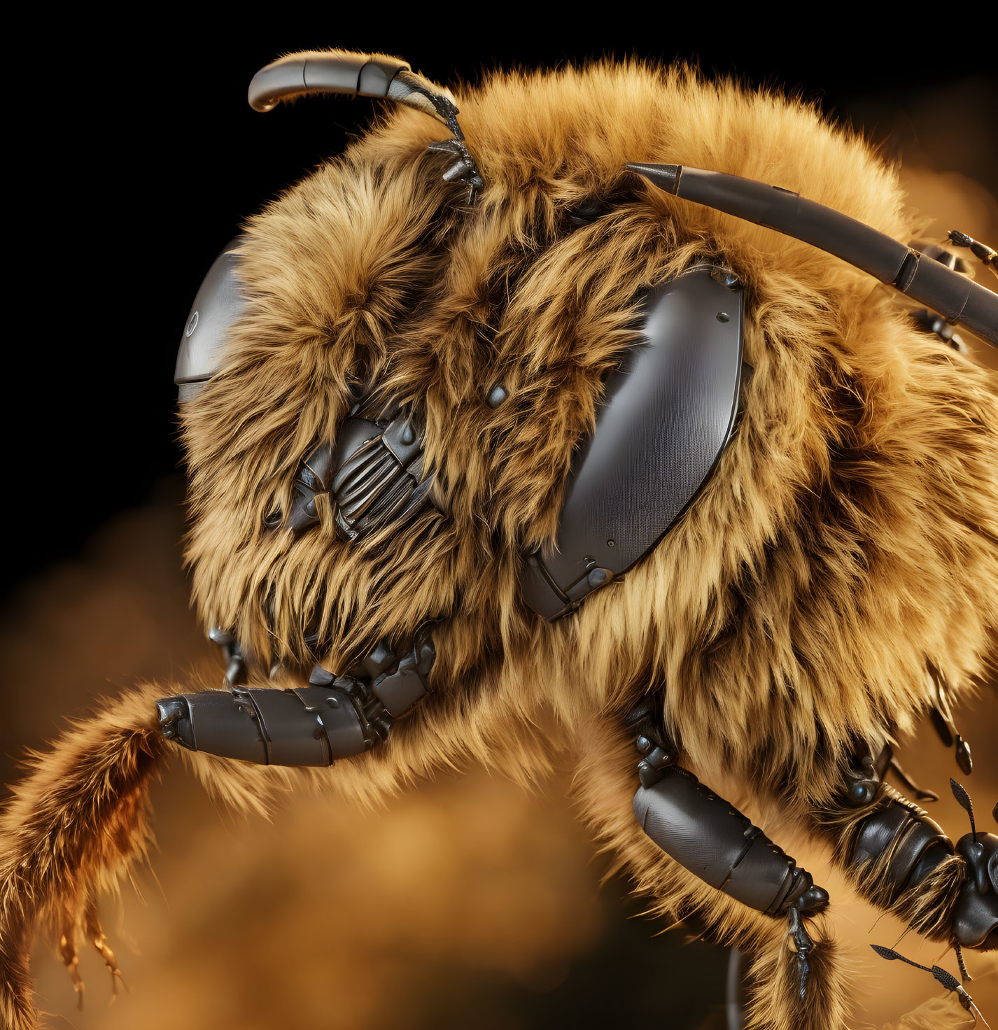 Detailed Close-Up of Cybernetic Bee with Metallic Parts on Fuzzy Body