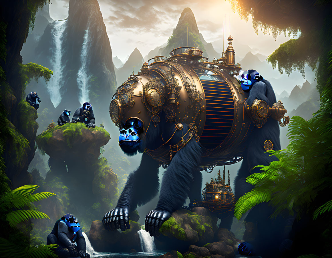 Steampunk-style mechanical submarine exploring mystical jungle with blue gorilla-like creatures