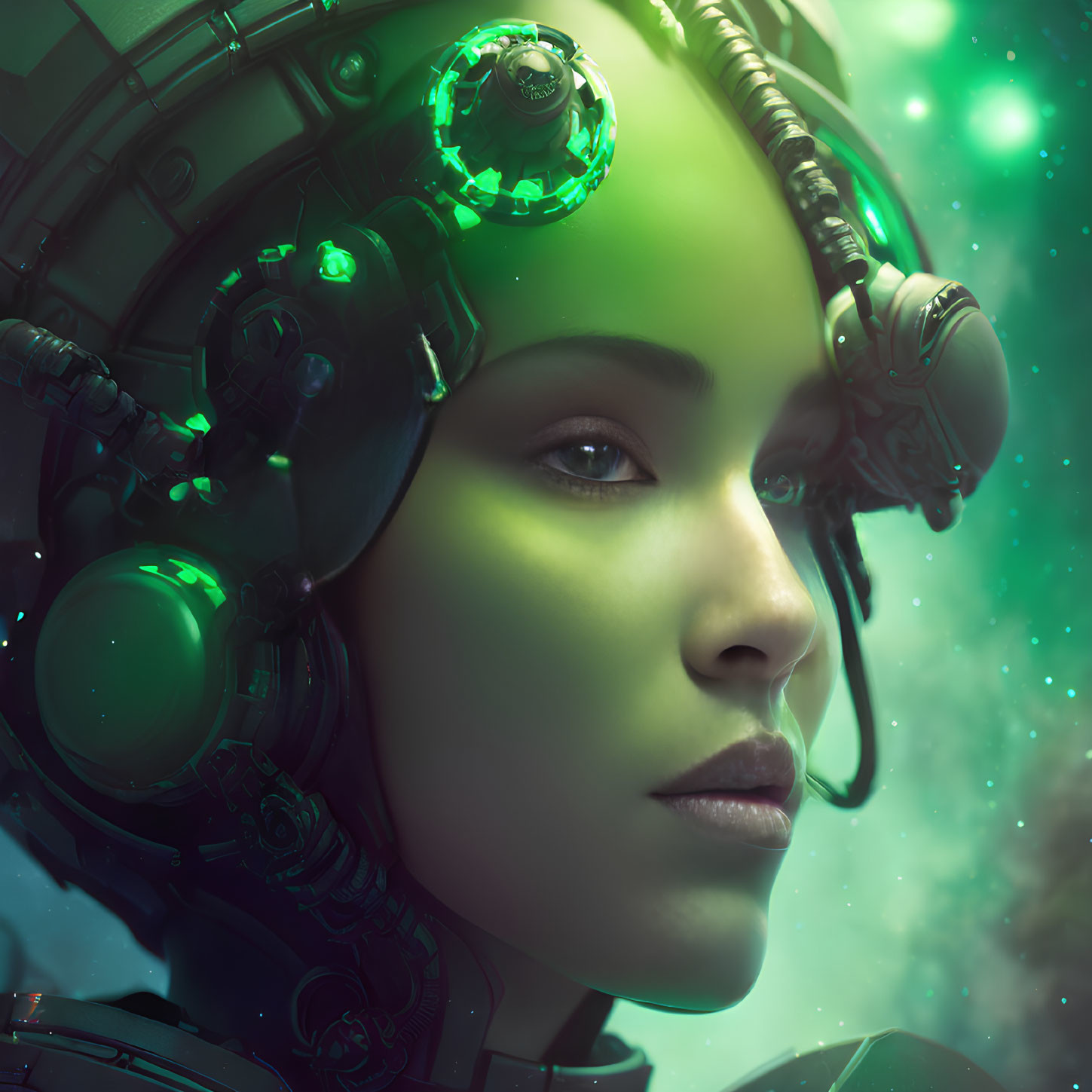 Close-up of woman with green skin in futuristic headgear against cosmic backdrop