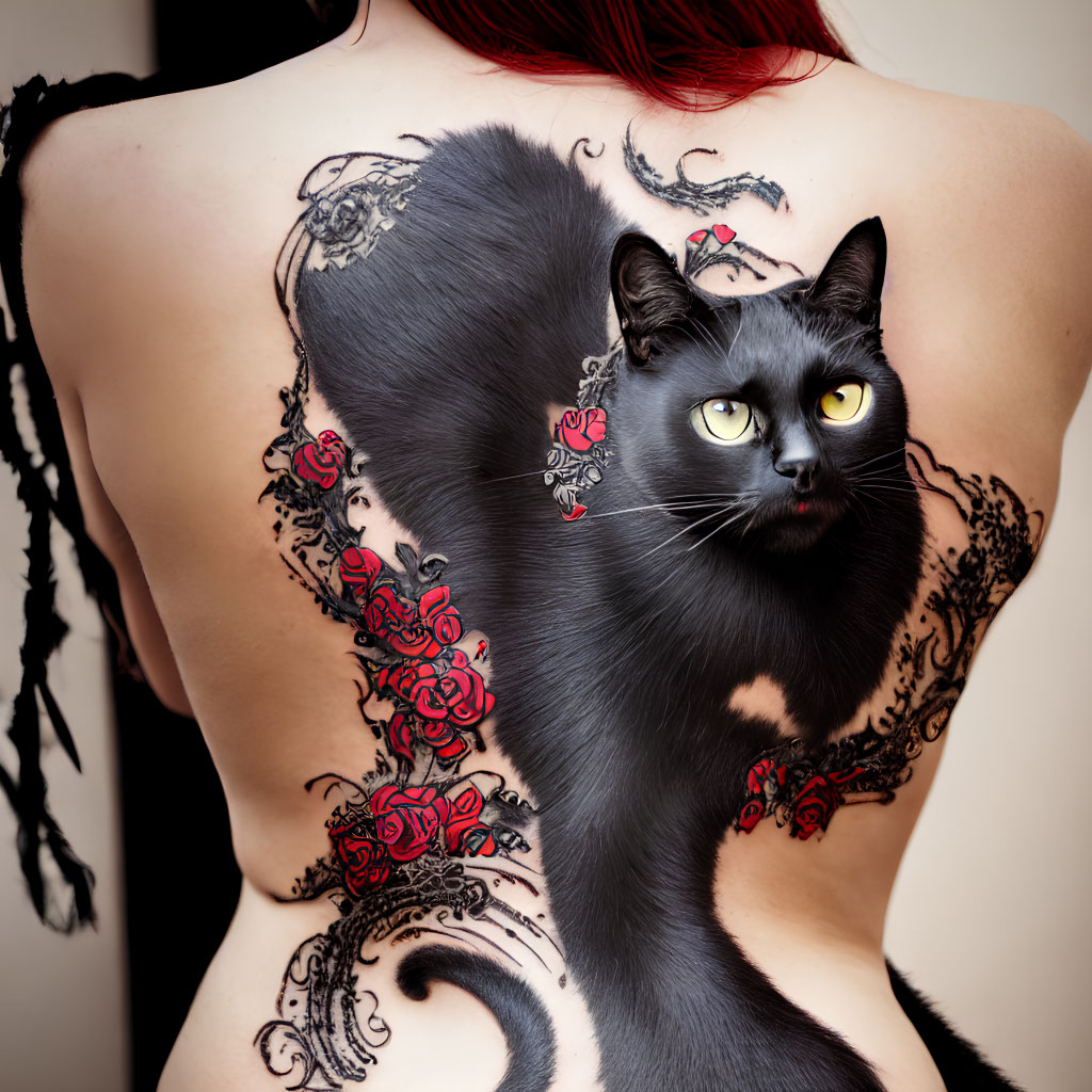 Realistic black cat tattoo with yellow eyes, red roses, and decorative patterns