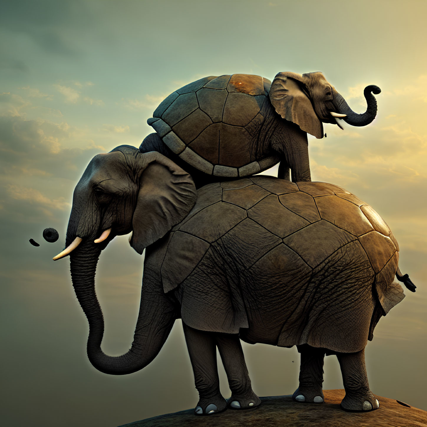 Two elephants with tortoise shell-like textures on a rock under a surreal dusky sky