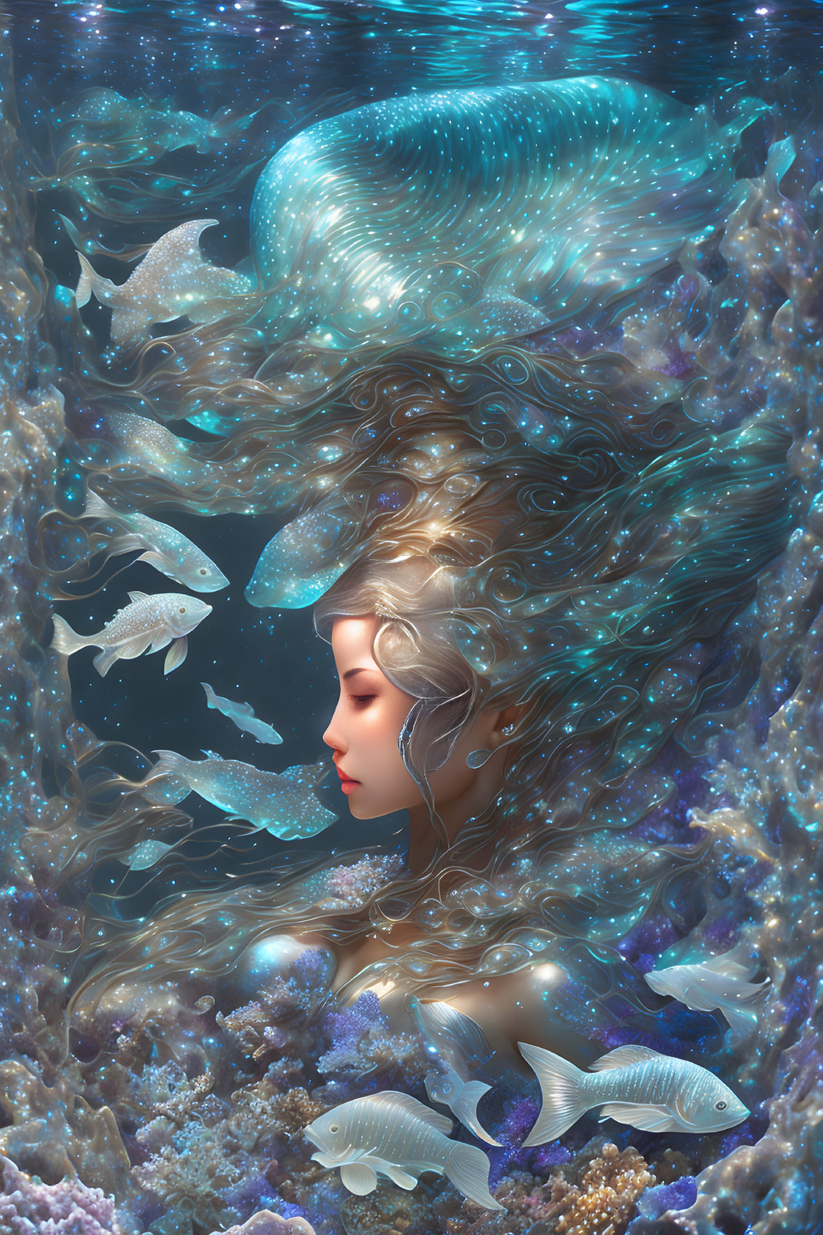 Woman with flowing hair underwater surrounded by fish and glowing whale-like creature