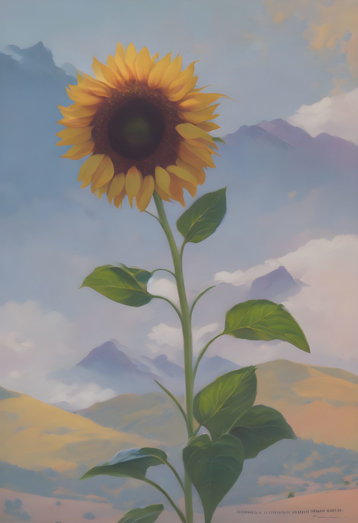 Bright sunflower against soft blue skies and pastel mountains.