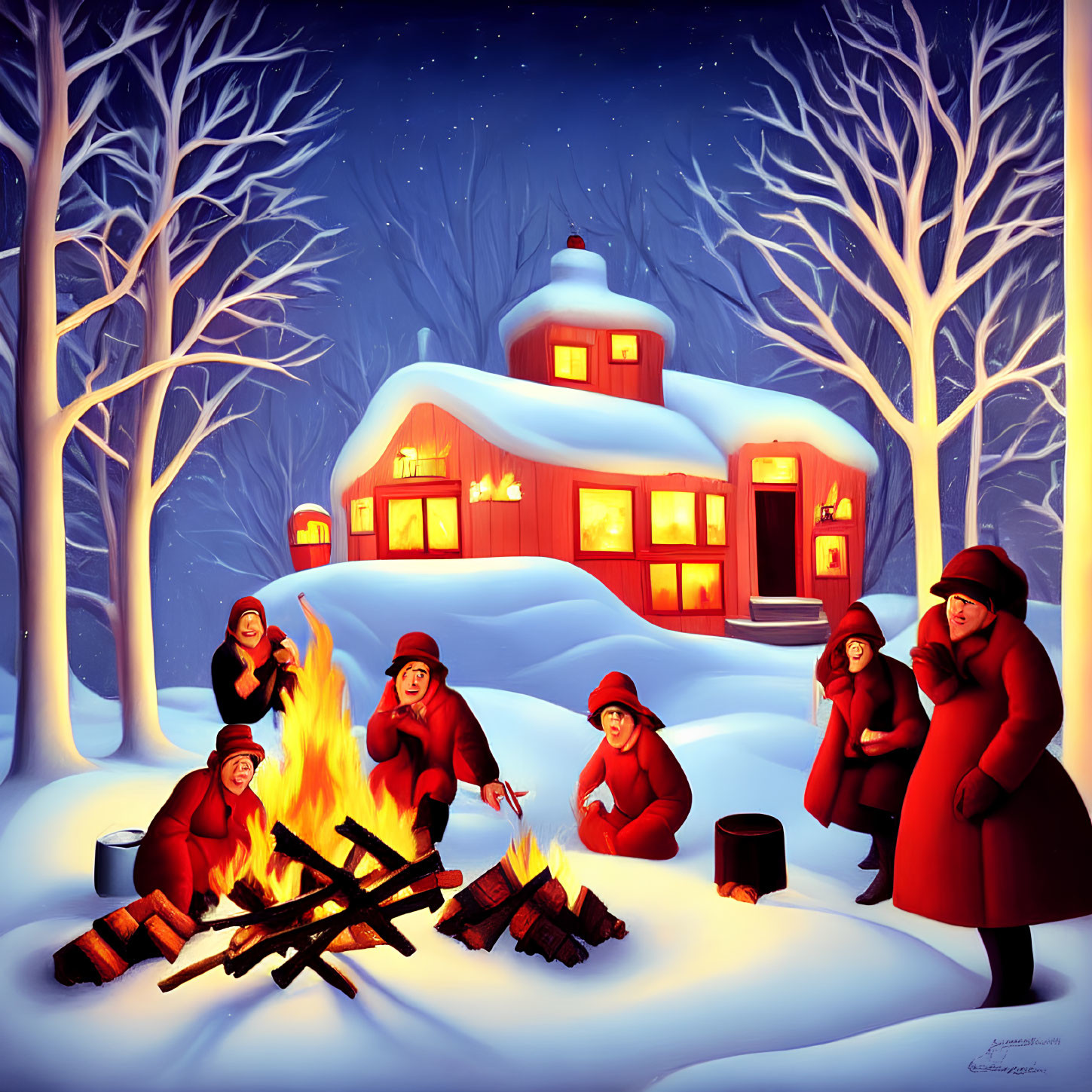 Winter campfire scene with four people by a cozy house in snow.