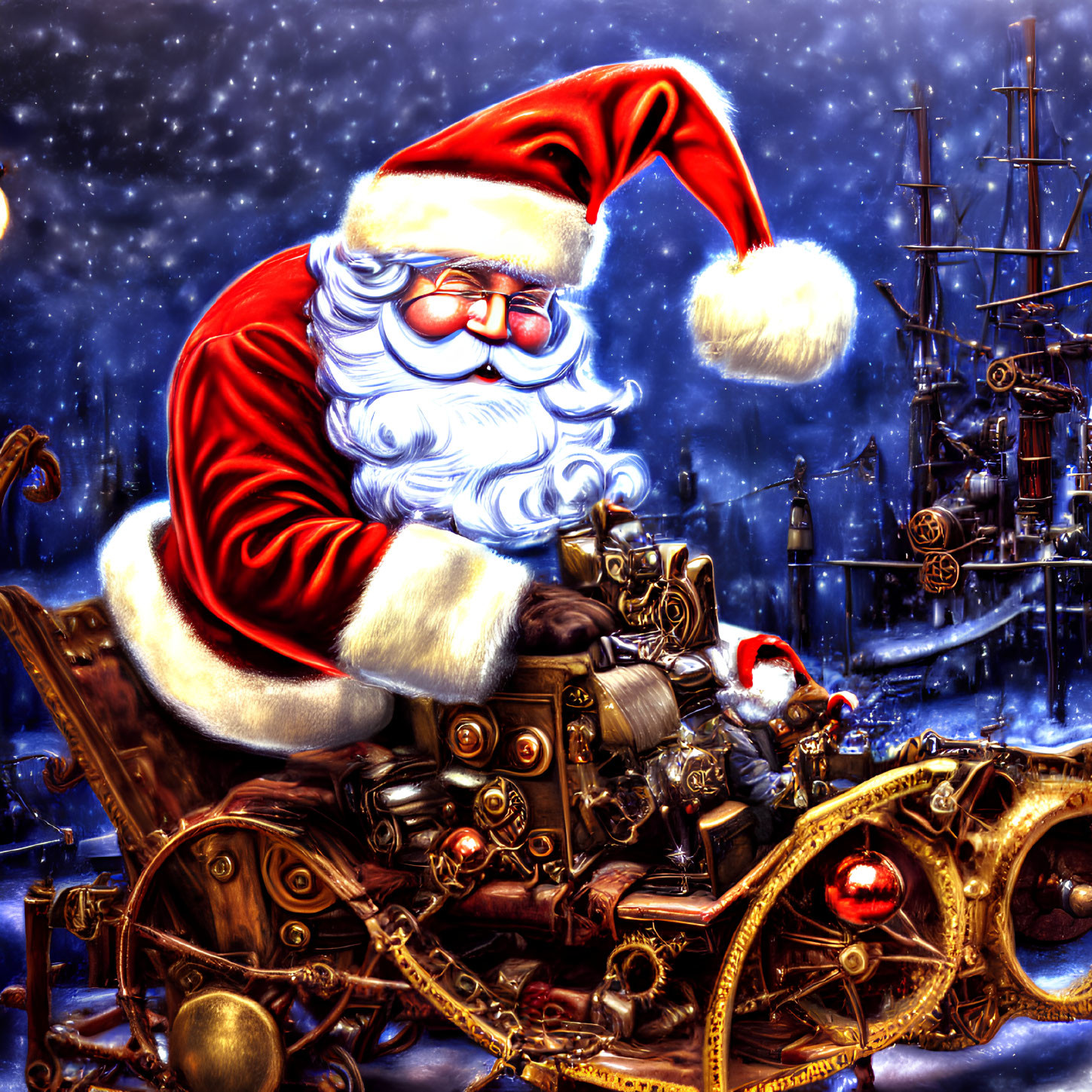 Santa Claus on Steampunk-Style Sleigh in Snowfall