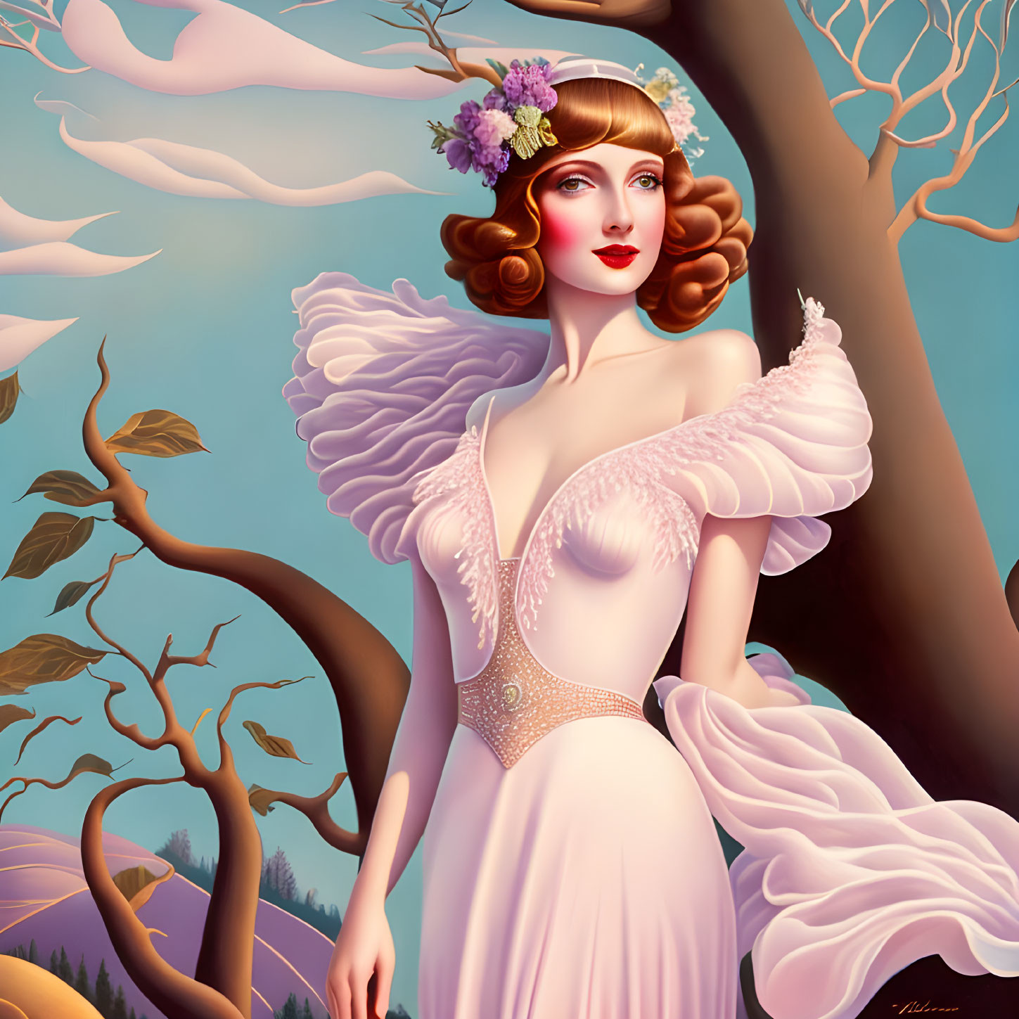 Illustration of woman with angel wings in serene nature setting