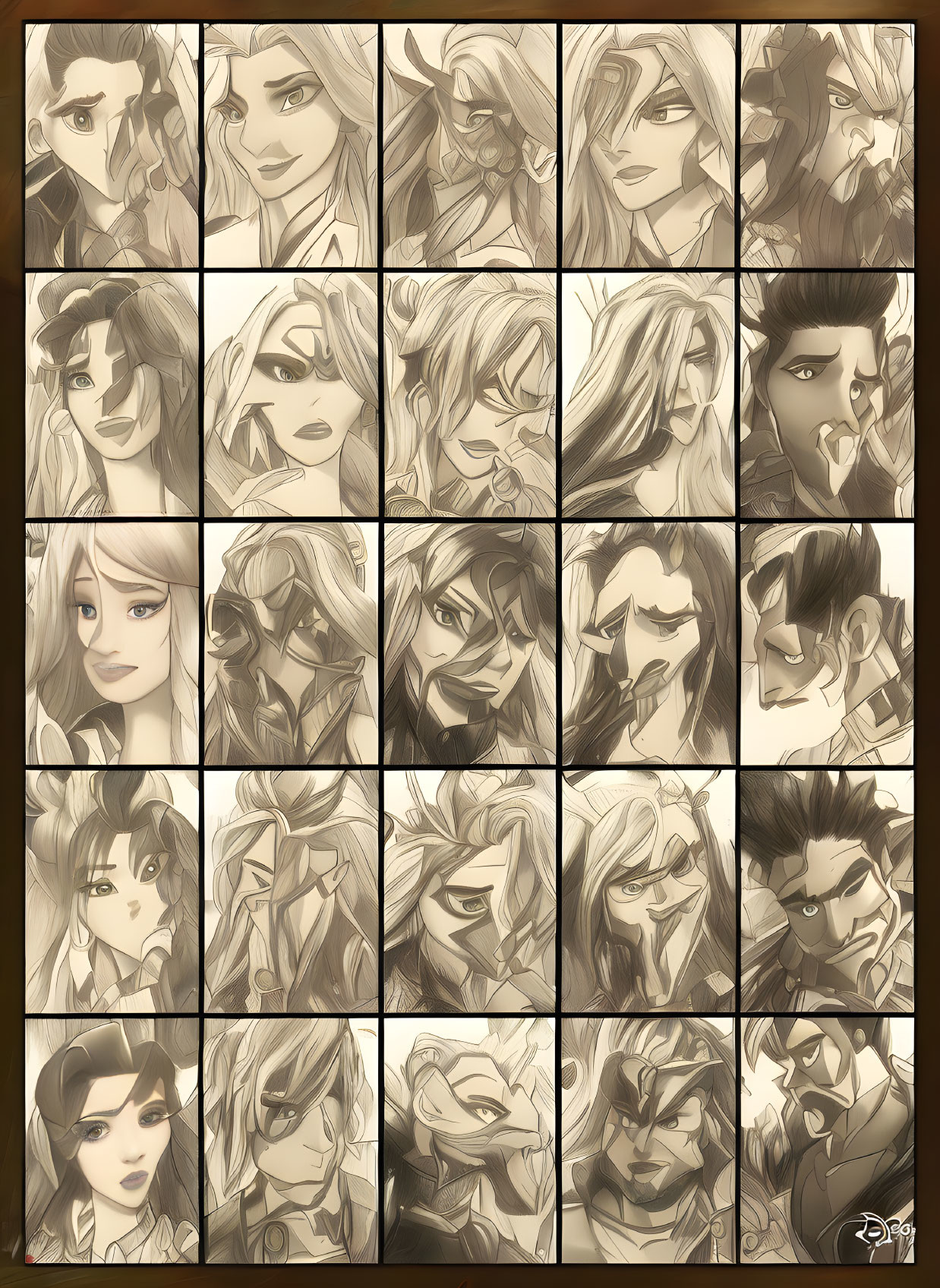 Diverse Emotion Collage: Sepia-Toned Illustrated Characters with Varied Expressions