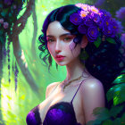 Dark-haired woman with purple flowers in ethereal forest setting