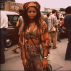 Woman in Floral Dress and Flower Hat Stands in Bohemian Crowd