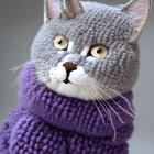 Gray Cat with Gold Eyes in Purple Sweater and Gold Accessories