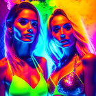 Vivid neon body paint on two women under UV lighting