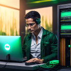 Animated woman wearing headphones at desk in high-tech setup