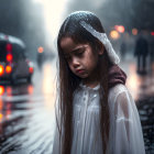 Woman in raincoat with wet hair standing in city rain