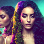 Stylized women with vibrant makeup and cannabis plant motif on colorful background