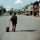 Person walking down desolate street with abandoned buildings and debris