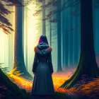 Purple-haired person in teal hoodie in mystical forest with sunbeams