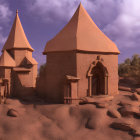 Whimsical inverted cone buildings in a fantasy desert scene