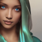 Portrait of Woman with Blue Eyes and Teal Scarf