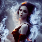 Woman with Dark Makeup and Fiery Orange Hair Accents in Swirling Smoke