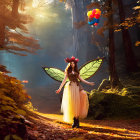 Person in fairy costume with translucent wings in sunlit autumn forest.