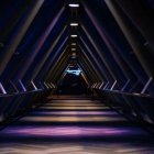 Futuristic dimly lit corridor with arched walls and purple & yellow lights