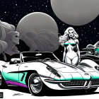 Stylized illustration of woman by classic convertible with retro-futuristic elements and space-themed backdrop.