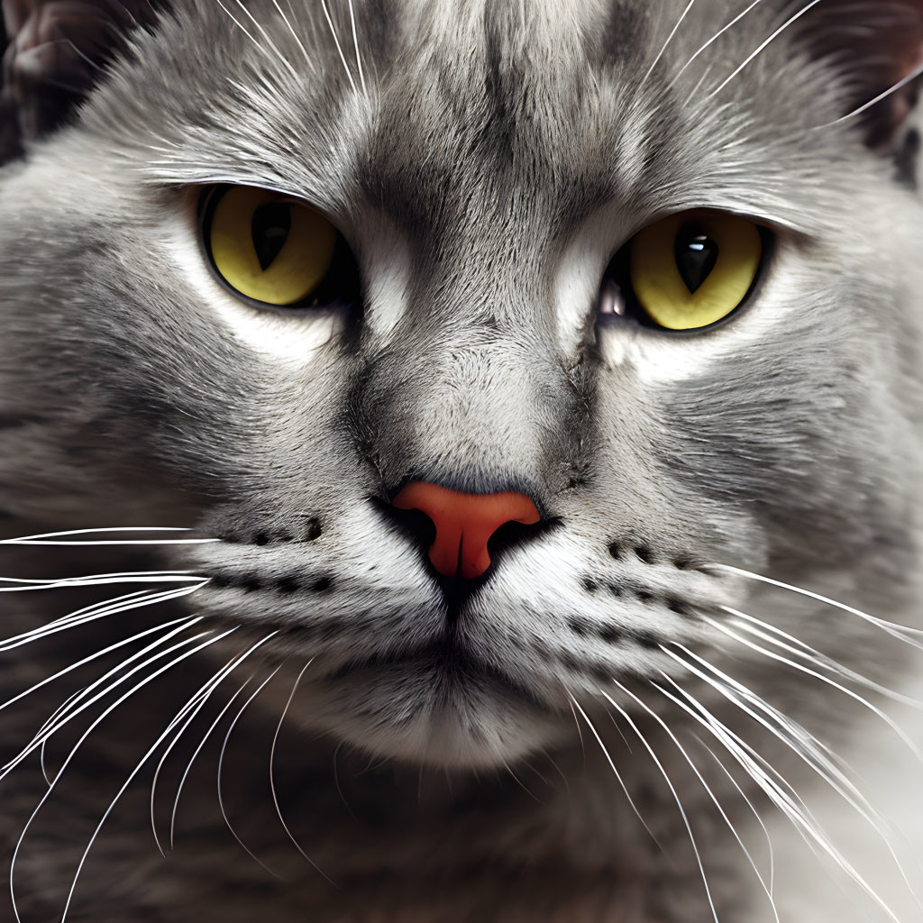 Detailed Grey Cat Portrait with Striking Yellow Eyes