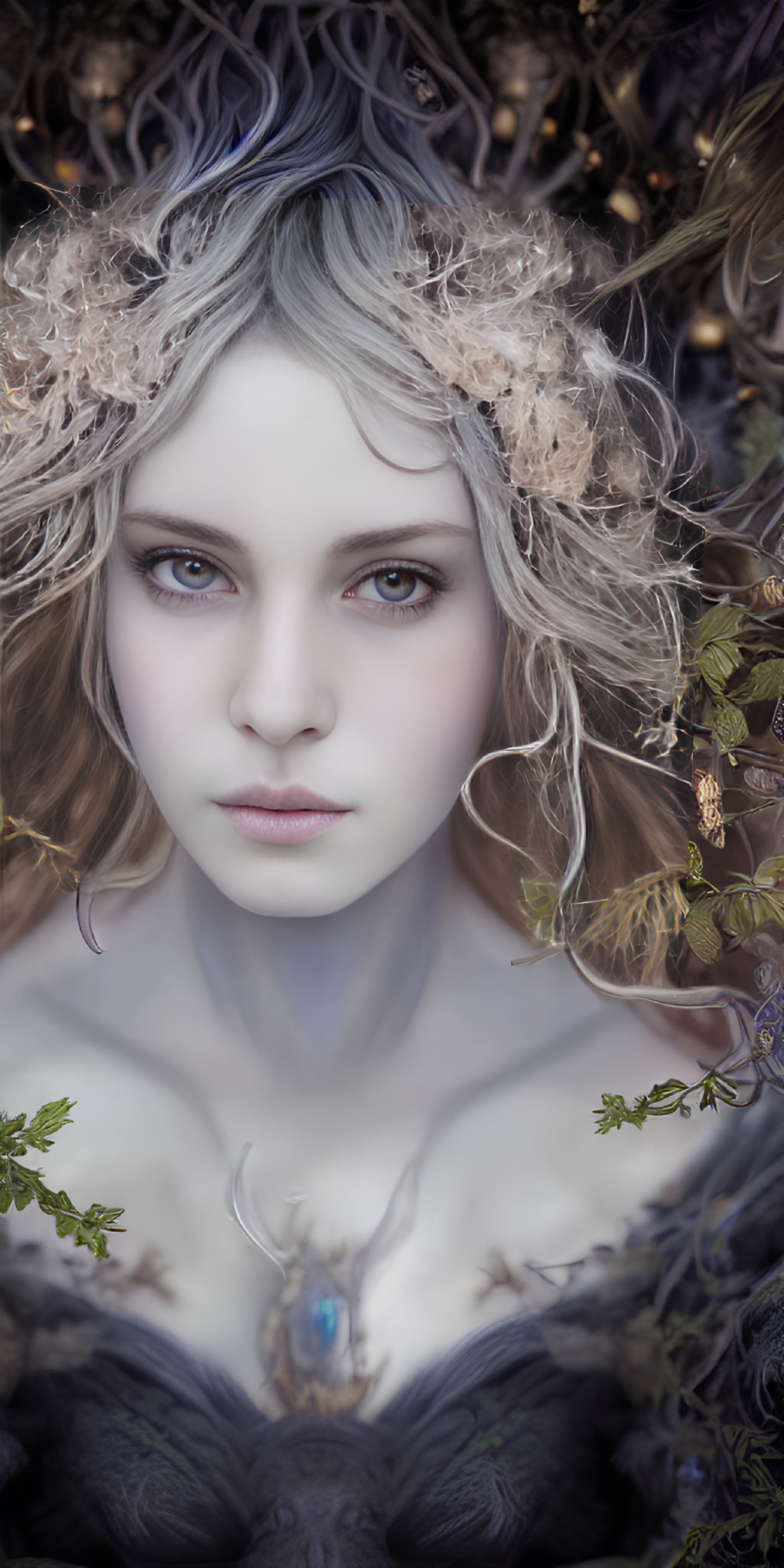 Pale-skinned woman with light curly hair and intense eyes in mystical setting