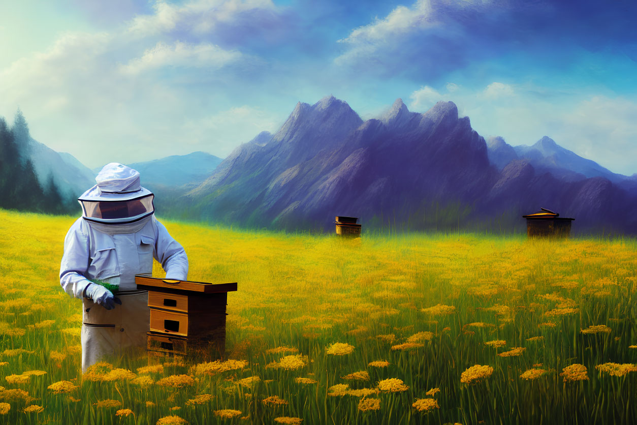 Beekeeper tending to beehive in vibrant field with mountains