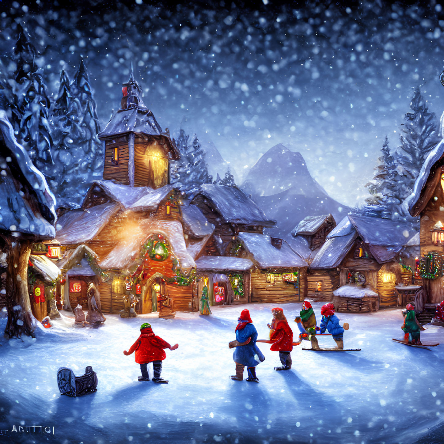 Children ice skating in snow-covered village with festive lights