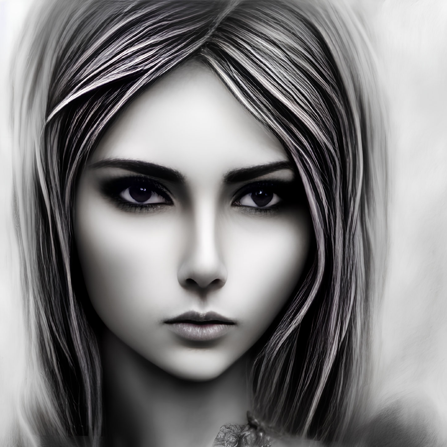 Detailed monochrome digital portrait of young woman with intense gaze and flowing light-colored hair