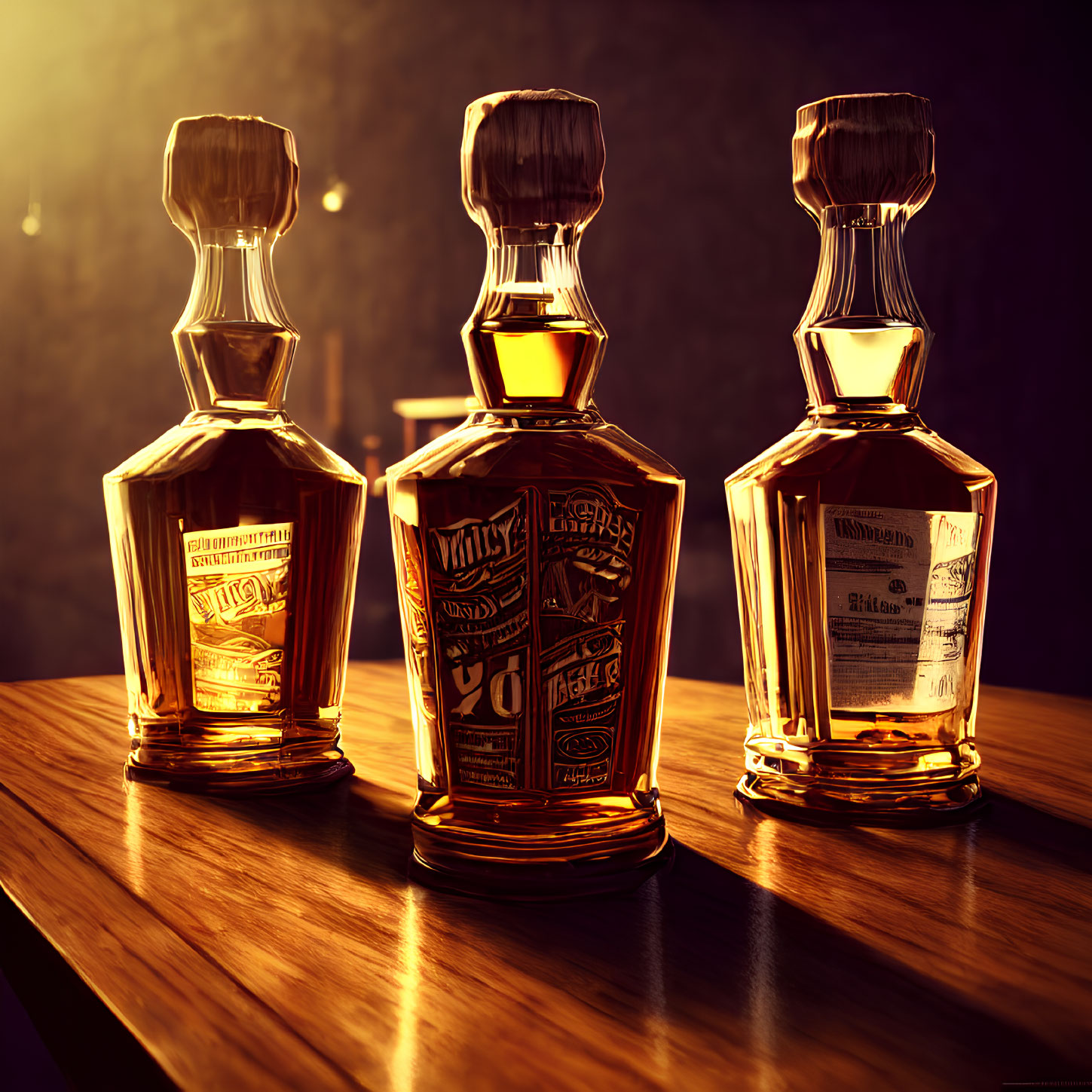 Three Intricately Labeled Whiskey Bottles on Wooden Surface