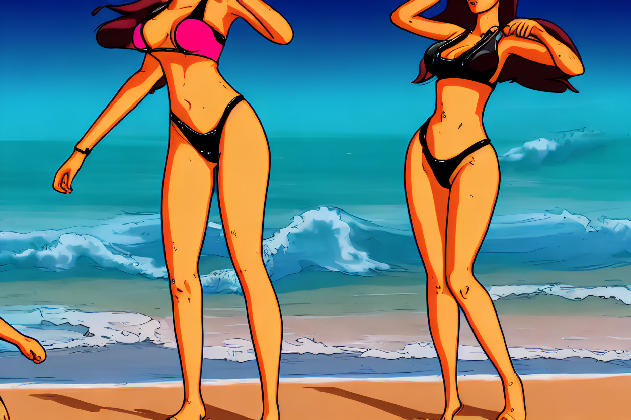 Two bikini-clad animated females on beach with blue skies