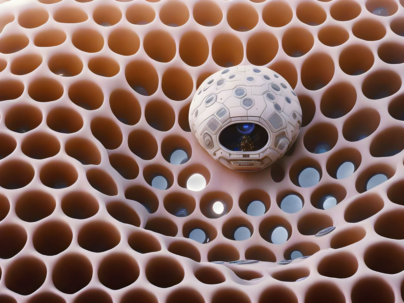 White Spherical Robot with Blue Optics in Surface with Brown Circular Holes