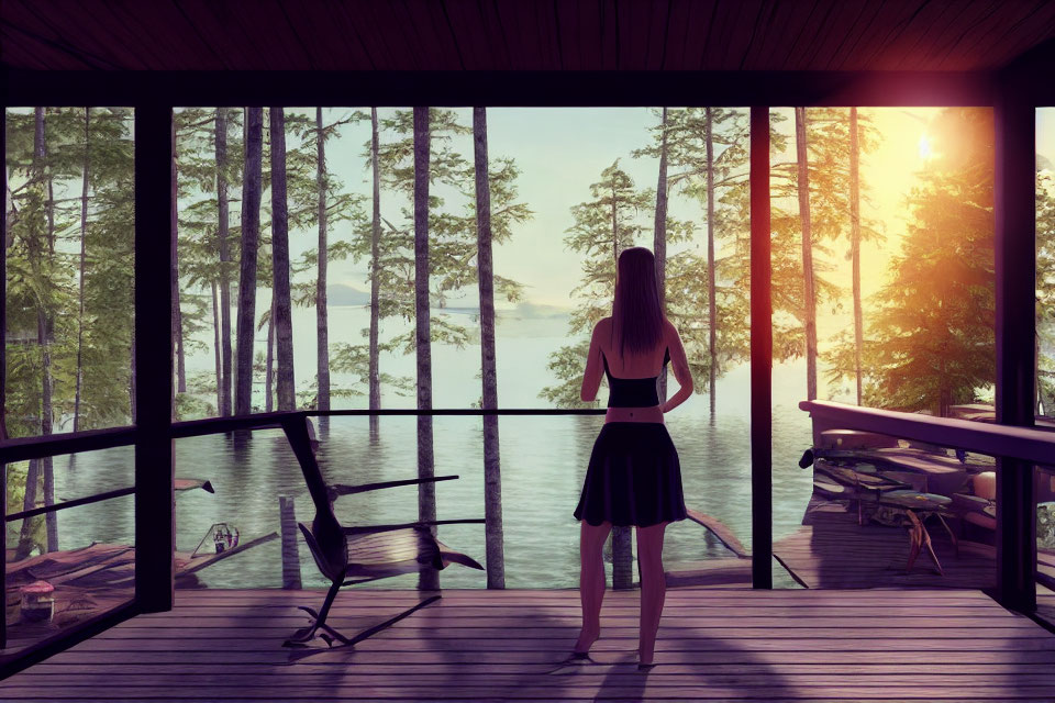 Woman on porch admiring serene lake at sunset