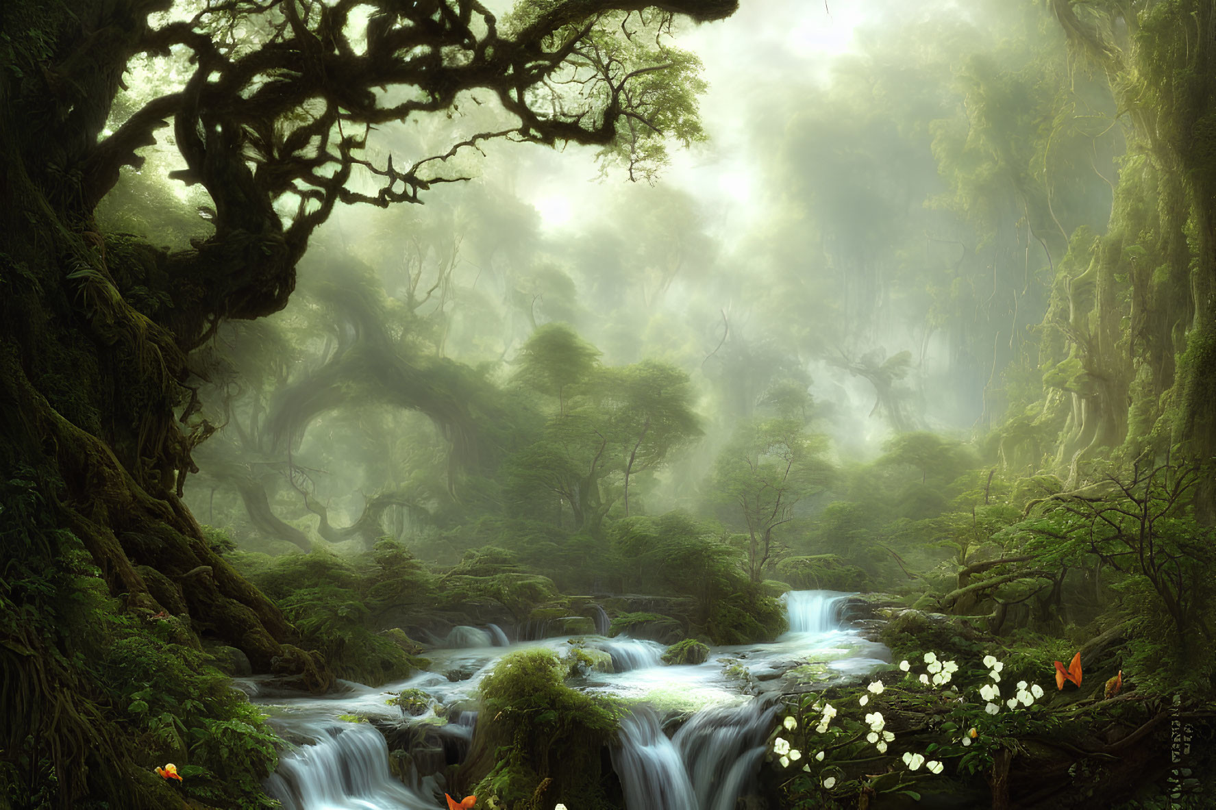 Mystical forest with twisted trees, stream, greenery, and light rays