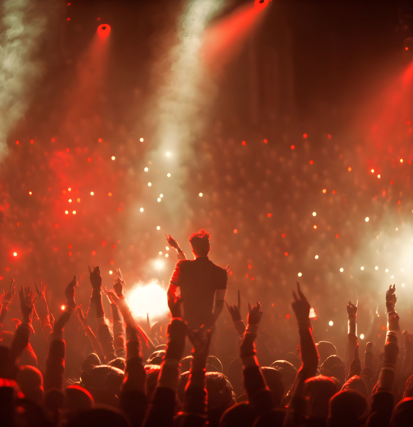 Silhouette of person on stage with raised arm in front of excited audience under red lights.